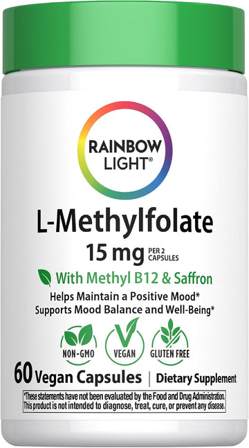 Rainbow Light L-Methylfolate 15 mg with Methyl B12 | 60 Capsules | Plus Saffron Extract | Helps Maintain a Positive Mood | Vegan, Non-GMO and Gluten Free Supplement