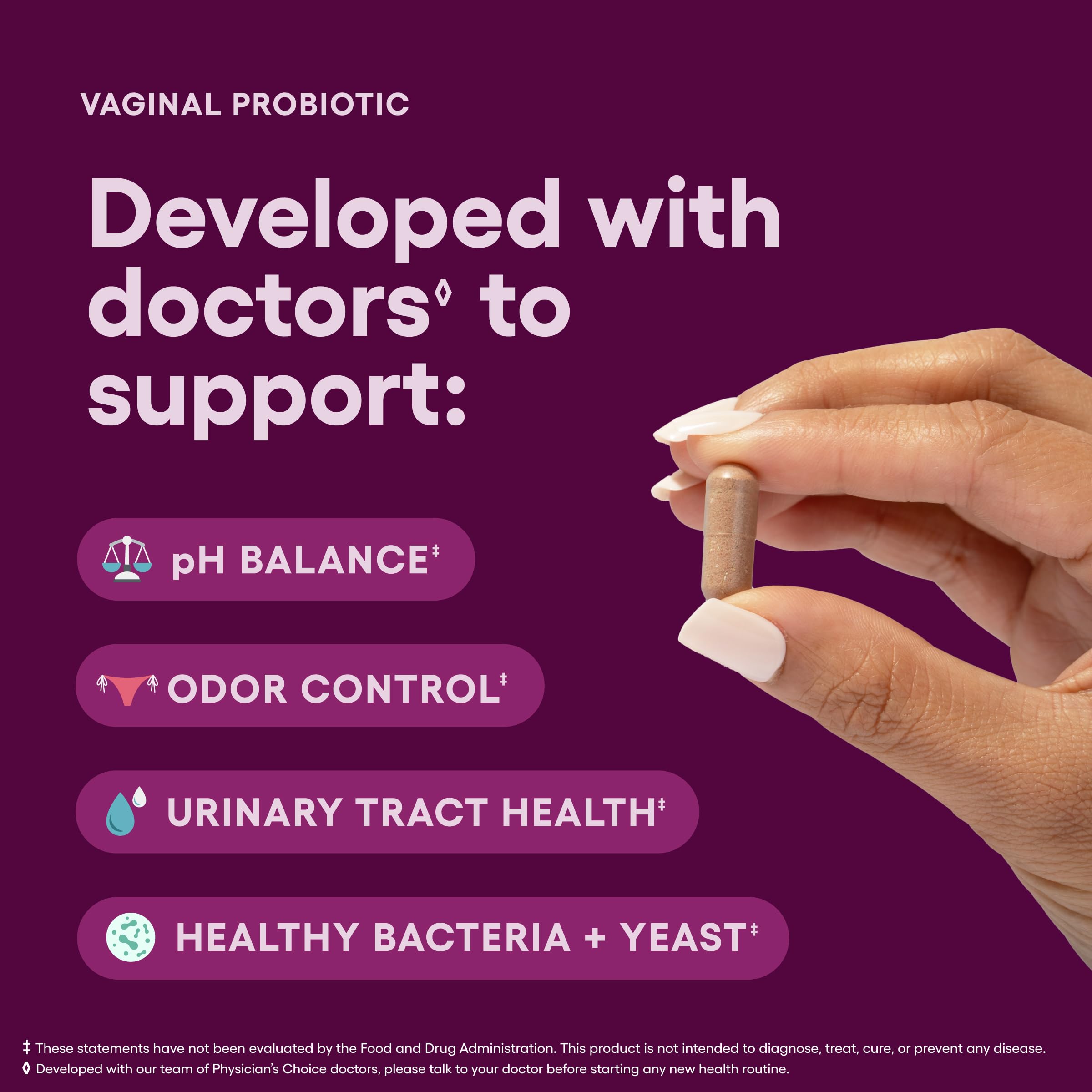 Physician's CHOICE Vaginal Probiotics for Women, pH Balance & Odor, 30ct | Supports Odor Control, Vaginal Flora, Yeast Balance & Feminine Health, 6B CFU, Organic Prebiotics, Cranberry Extract
