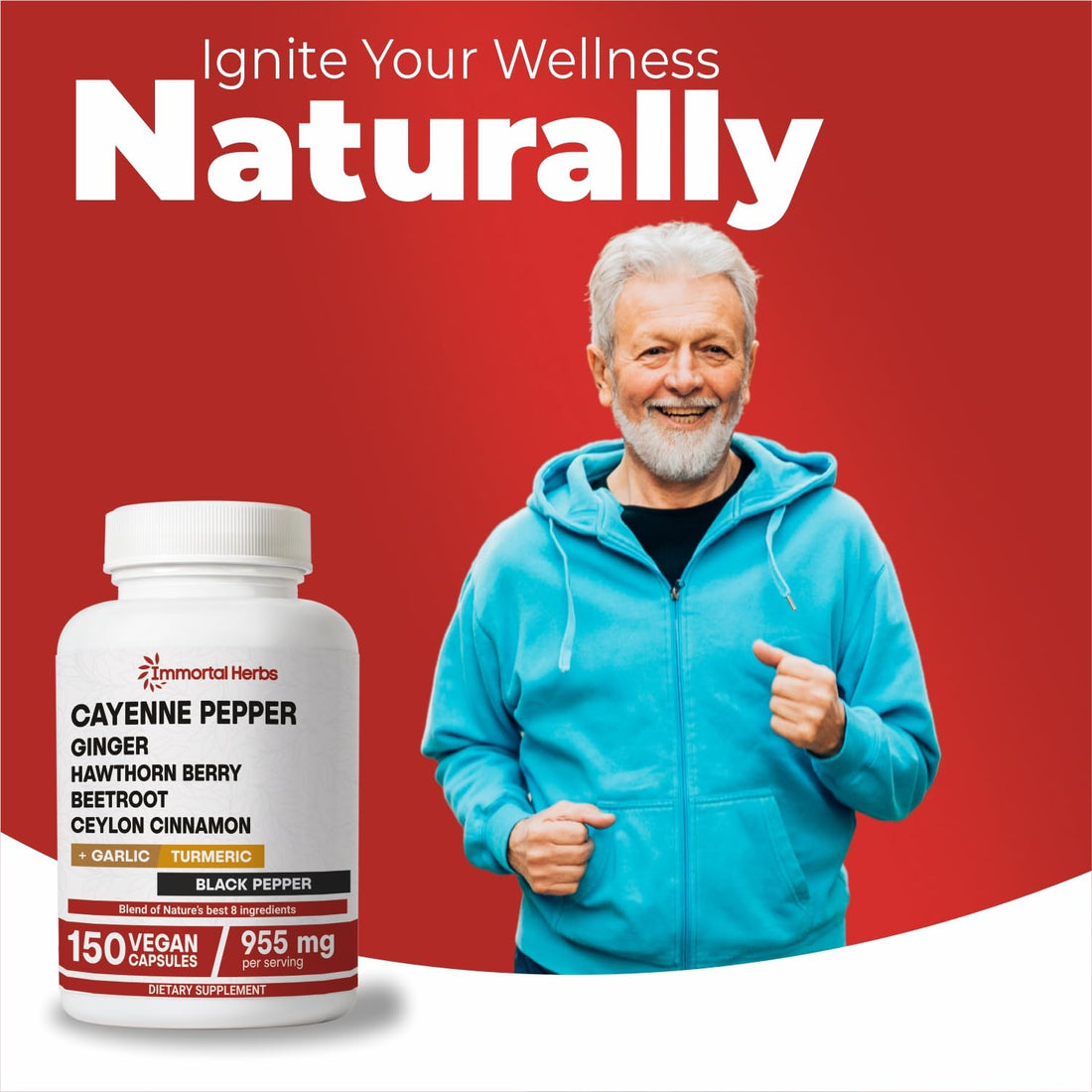 Supplement bottle labeled 'Immortal Herbs' with ingredients listed on a white background
