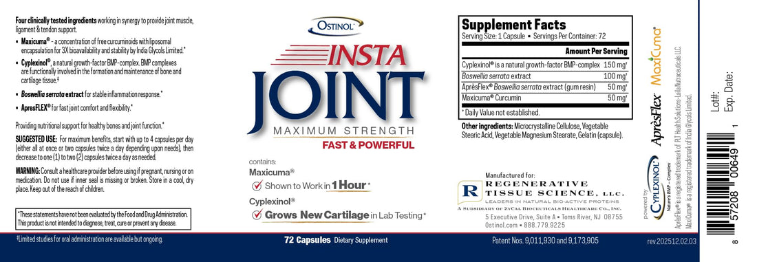 White supplement bottle labeled 'Insta Joint Maximum Strength' on a white background