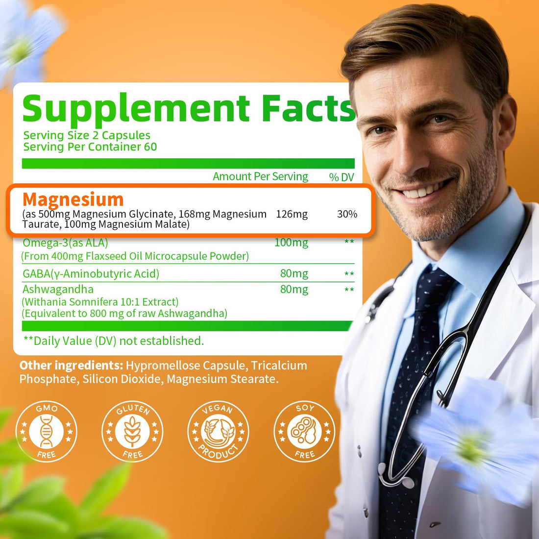 Bottle of Triple Complex Magnesium Capsules with packaging elements on a white background