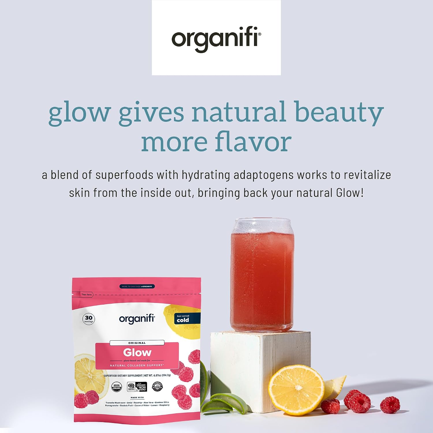 Organifi Glow - Vegan Collagen Powder for Women - Organic Flavored Water Ingredient, 30 Servings