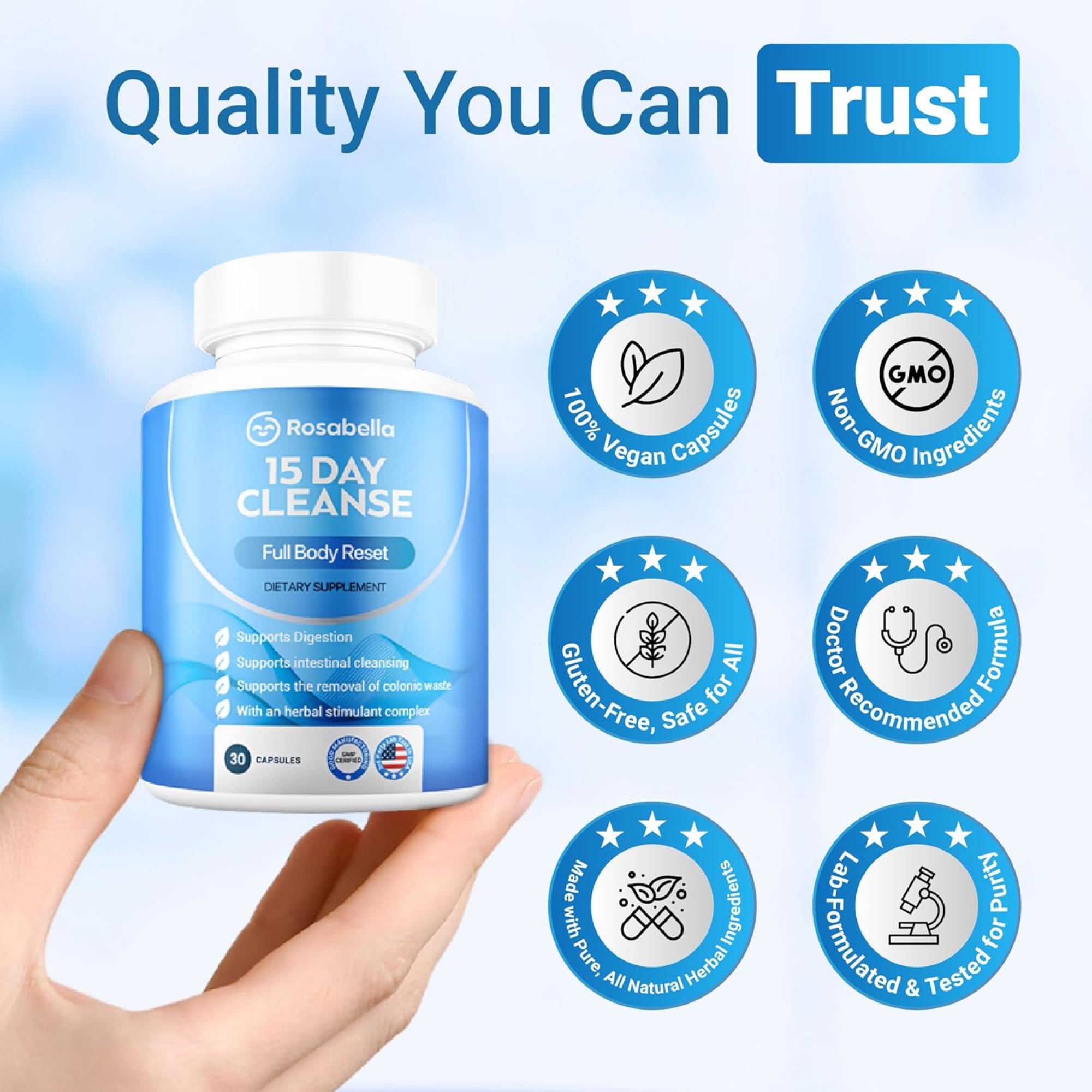 Rosabella 15 Day Cleanse – Full Body Detox & Colon Cleanse for Men & Women – Gut Cleanse Detox Pills for Digestive Health & Bloating Relief – Doctor-Formulated, Non-GMO, 30 Vegan Capsules