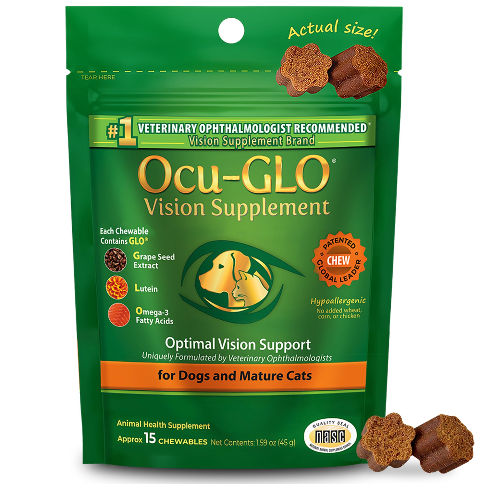 Cat & Dog Supplement for Eye Support - Chewable Vision Vitamins Supplements for Large and Small Pets Care with Lutein, Omega-3 Fatty Acids, Grape Seed Extract & Antioxidants