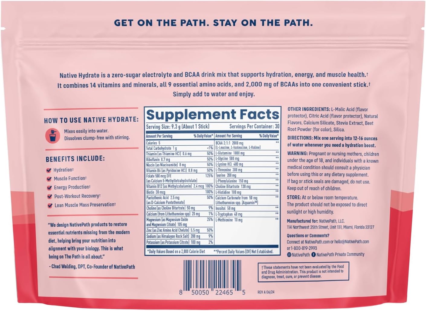 NativePath Hydrate Electrolyte Stick Packs, Mixed Berry, 30 Count | Single-Serve Sticks, 14 Vitamins & Minerals, 9 Aminos & 2000mg BCAAs, Zero Sugar, Hydration, Keto