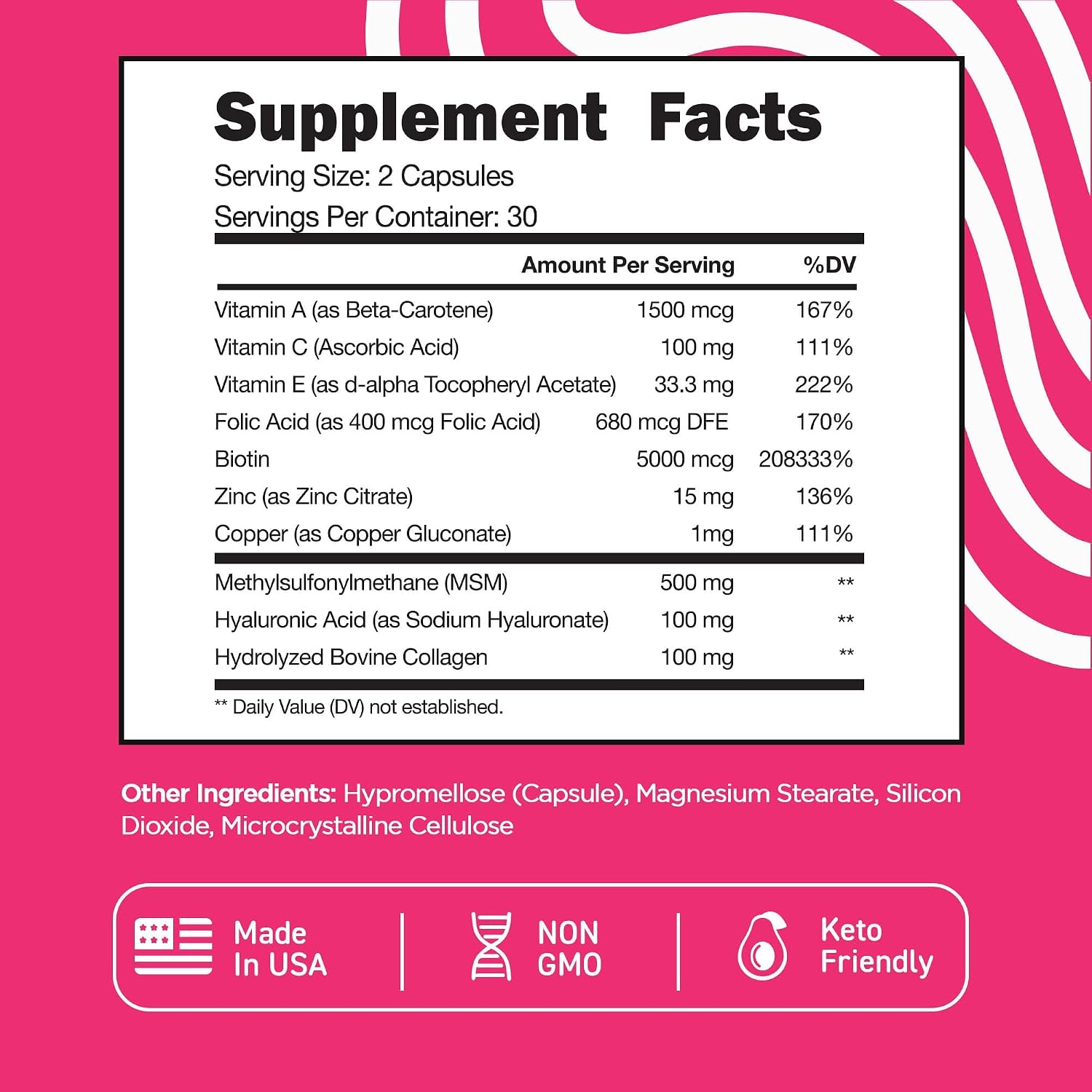 Vital Vitamins Biotin Complex with Collagen & Hyaluronic Acid | 5,000mcg Biotin, MSM & Vitamin C for Hair, Skin & Nails, Non-GMO, For Women & Men, 60 Capsules check