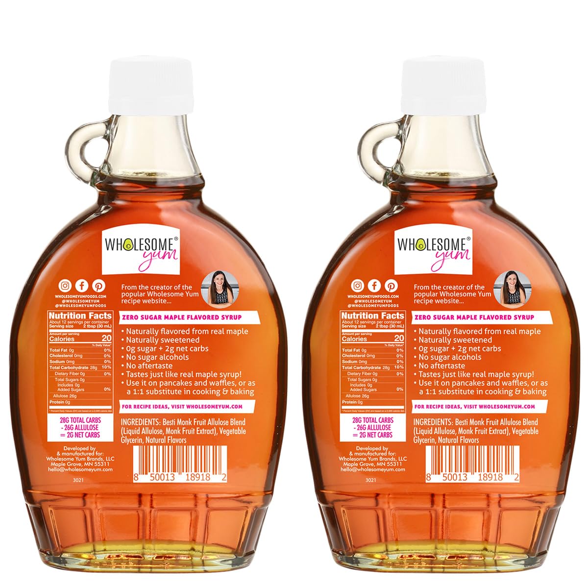 Wholesome Yum Zero Sugar Maple Syrup, Monk Fruit Allulose Keto Maple Syrup | Natural Sugar Free Pancake Syrup. Low Carb, Gluten-Free, Vegan, Non GMO, No Erythritol, No Aftertaste (12 fl oz Glass Bottle)