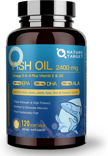 NATURE TARGET Triple Omega 3 6 9 Fish Oil 2400mg, 120Softgels | Vitamin D3 & E, EPA & DHA & ALA, Supports Heart, Brain, Joint & Immune Health, Sustainably Sourced, Non-GMO