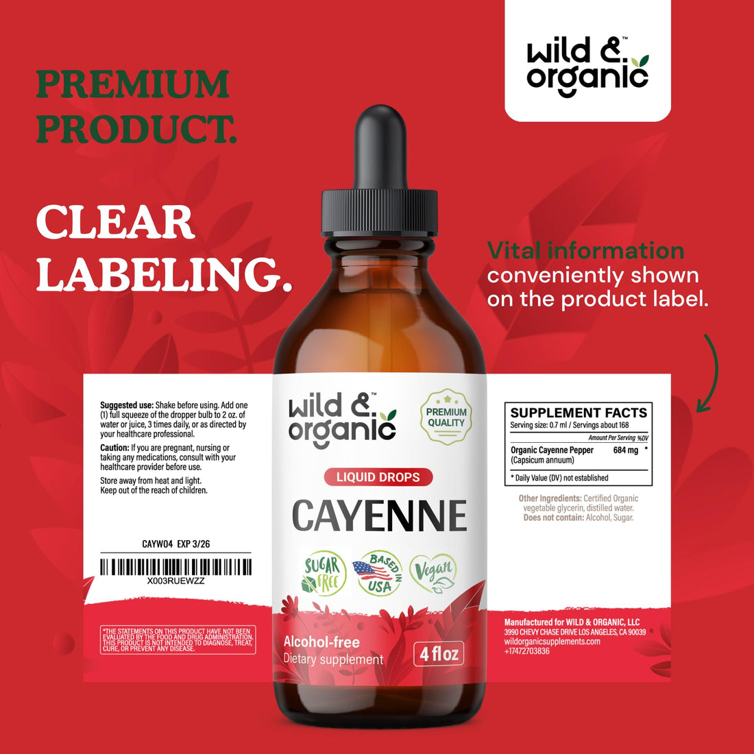 Two bottles of Wild & Organic Cayenne liquid drops on a white background