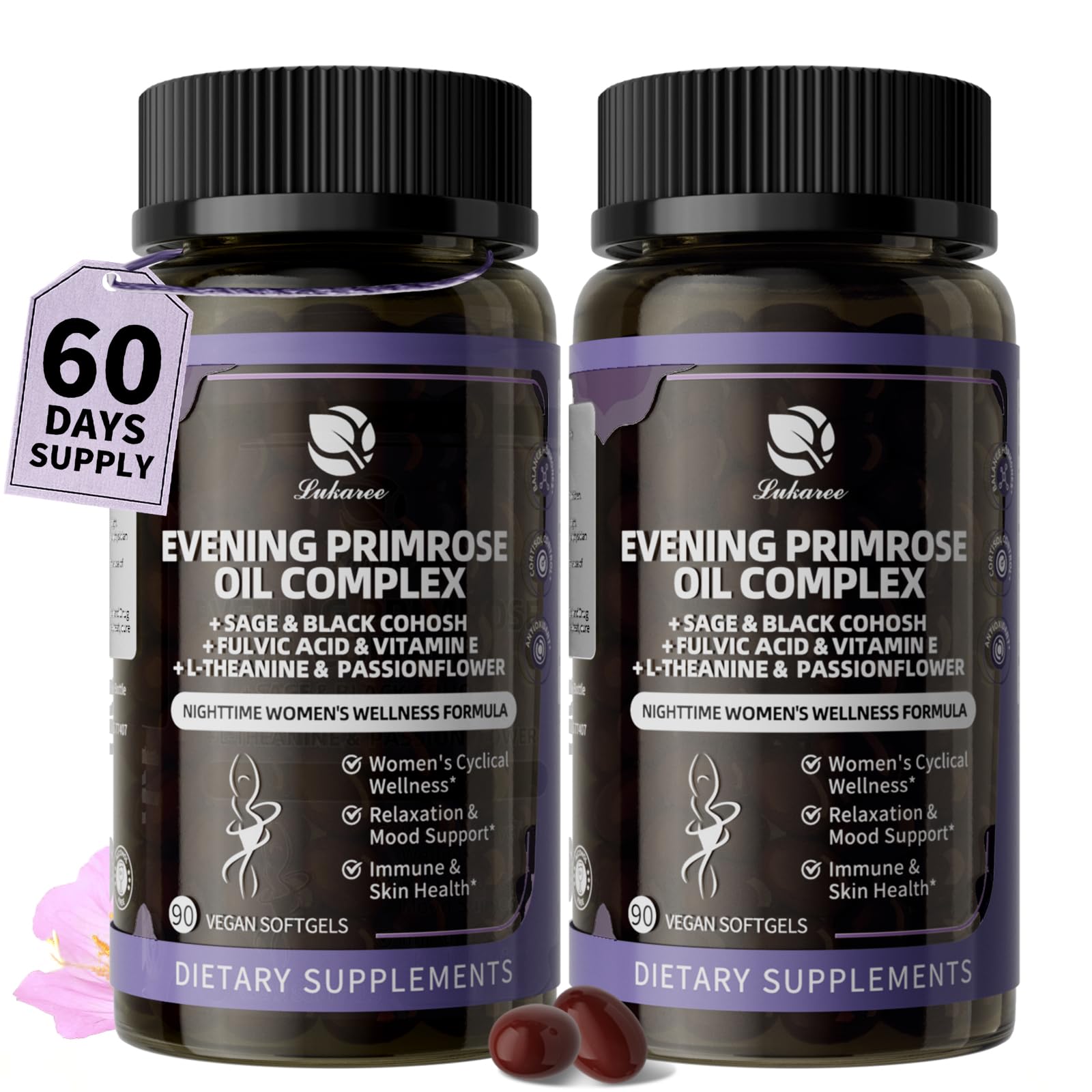 Evening Primrose Oil 1000mg - Hormone Balance for Women & Mood | Primrose Oil Capsules Cold-Pressed w/10% GLA, Essential Fatty Acids, L-Theanine for Mood, Skin & Immune, 90 Softgels