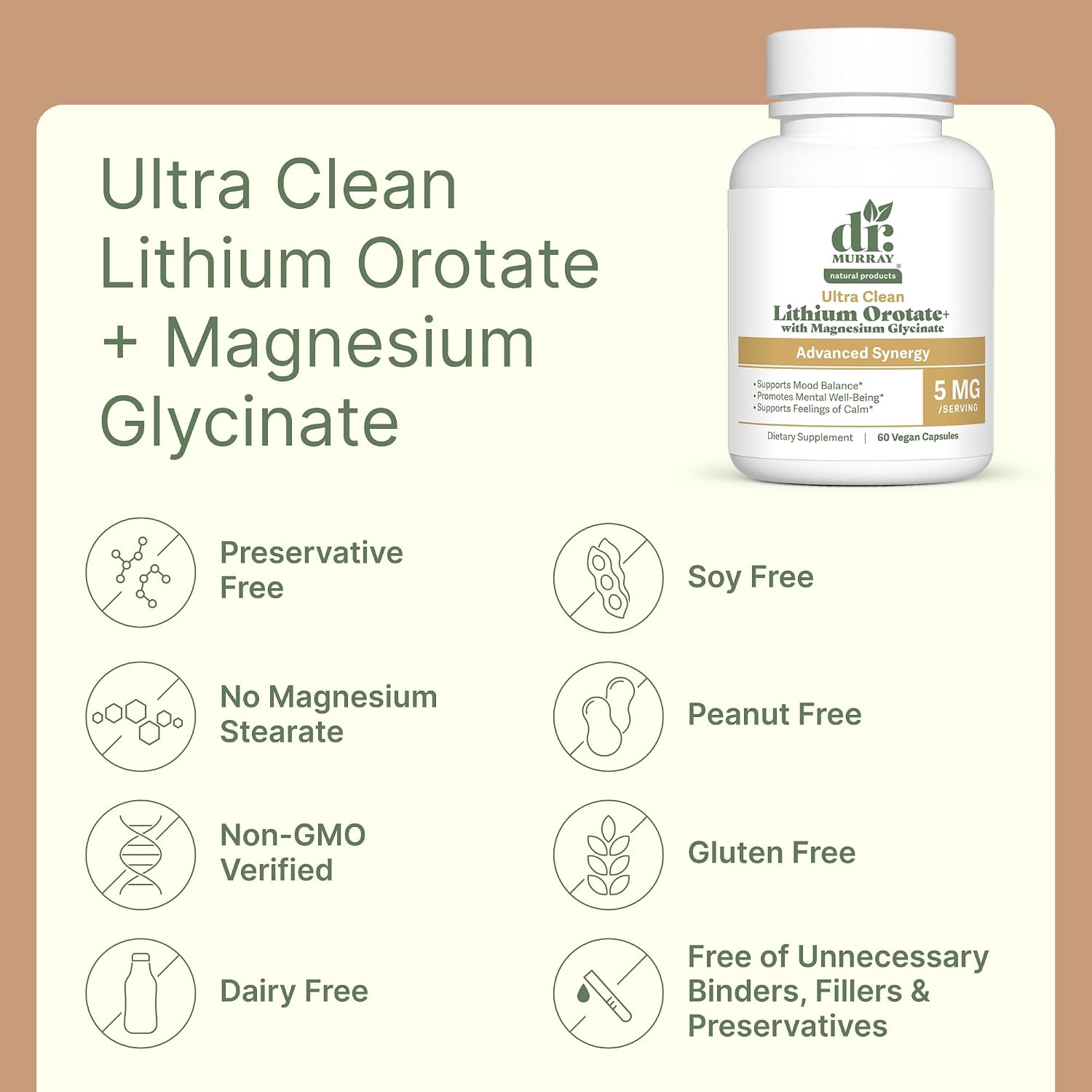 Dr. Murray's Ultra Clean Lithium Orotate with Magnesium Glycinate - 5mg Lithium | Vegan Capsules | Mood & Cognitive Support | Neurological Wellness Formula | 60 Count