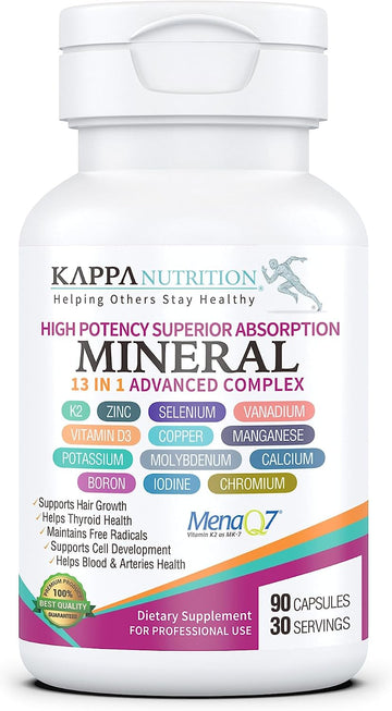 KAPPA NUTRITION Mineral 13 in 1 Advanced Complex with Albion® Chelated Minerals & MenaQ7® MK-7 Vitamin K2 | Calcium, Zinc, Selenium, Chromium, Iodine & Trace Minerals | 90 Vegan Capsules