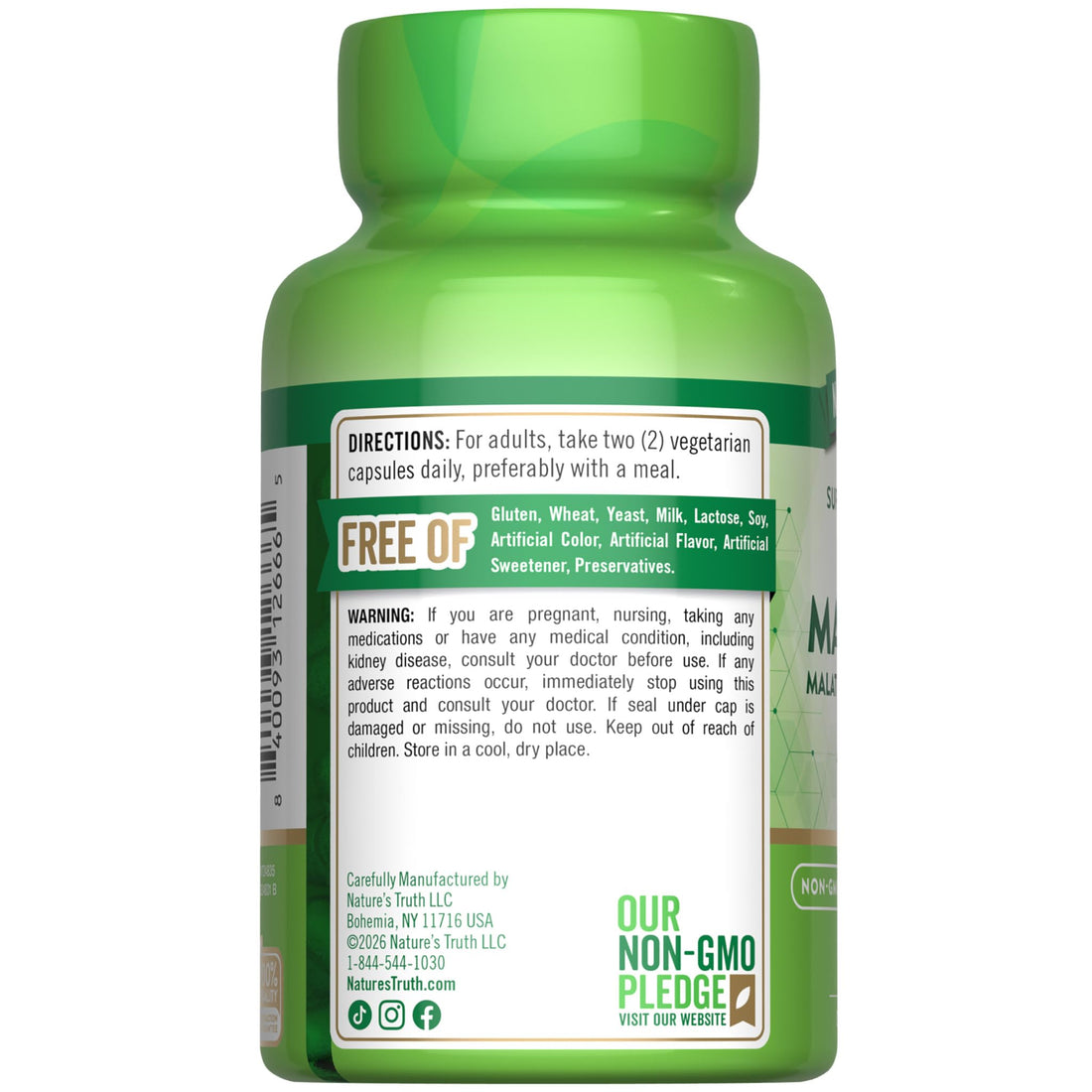 Green supplement bottle labeled 'Nature's Truth Triple Magnesium' on a white background