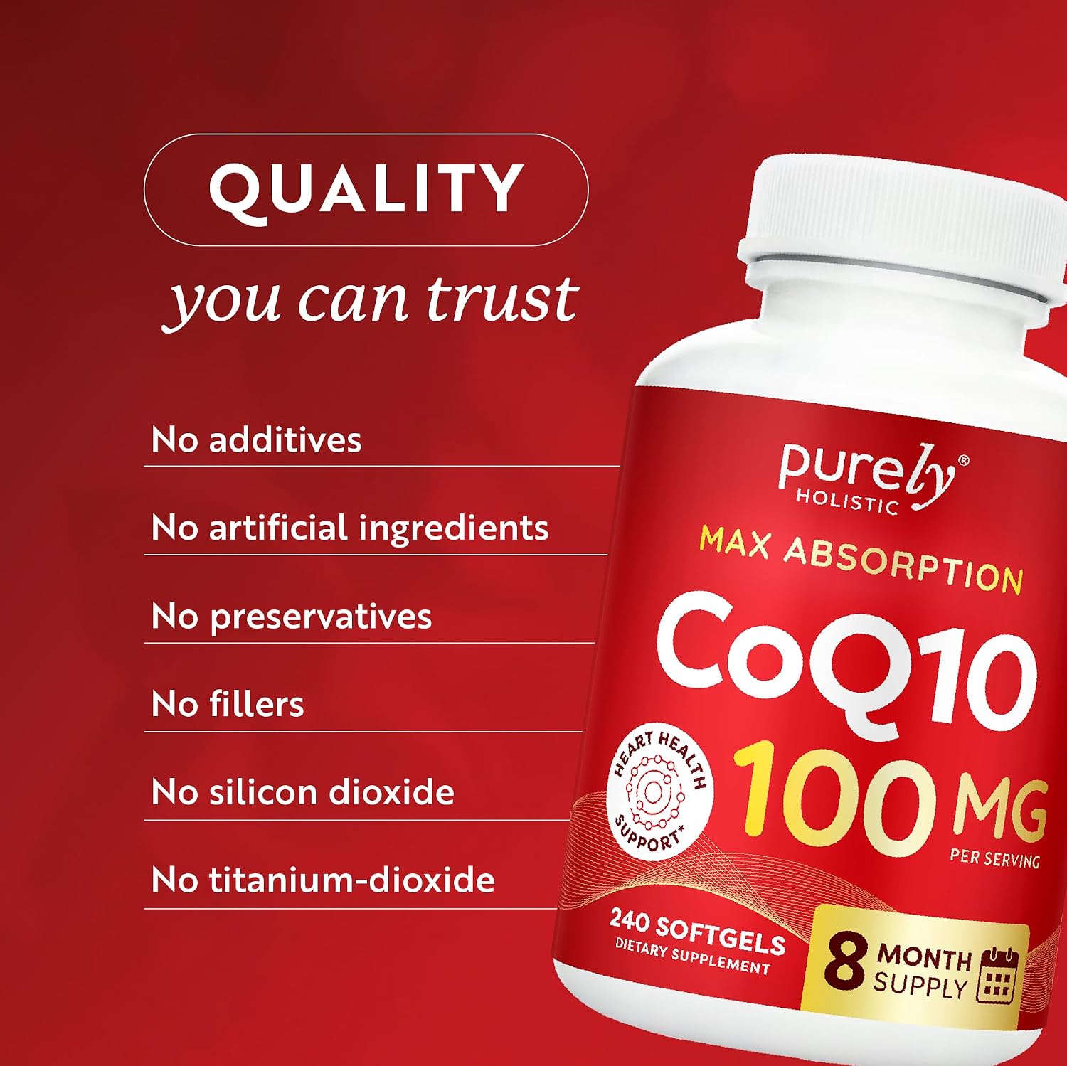 CoQ10 100mg Softgels, Heart Health Support, 8 Month Supply, High Absorption | Coenzyme Q10 for Energy Levels & Vitality Support, Co Q 10 Supplement, Non-GMO, Gluten-Free, 240 Co Q10 Softgels (Once-Daily)