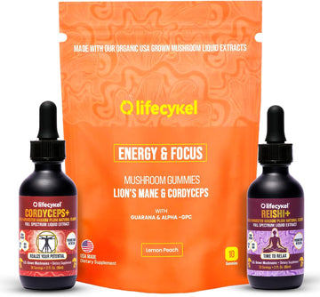 Life Cykel Cordyceps & Reishi Mushroom Extract Liquid Duo – Potent 1oz Tinctures with Included Energy & Focus Gummies (10-Count) for Enhanced Vitality, Immune Support & Mental Clarity