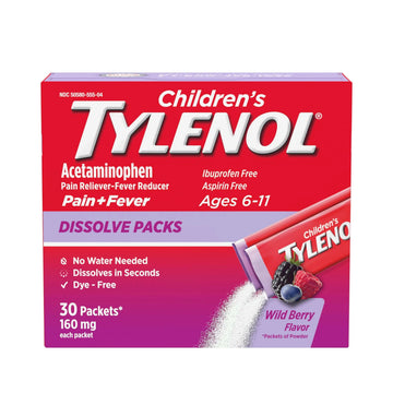 Children's Tylenol Dissolve Packs for Pain Relief, Fever Medication, 160 mg Acetaminophen, Dye Free, Kids' Powder Packets for Cold & Flu Symptom Relief; Wild Berry Flavor, 30 ct.; Pack of 1 TylenolBuy Supplements Australia