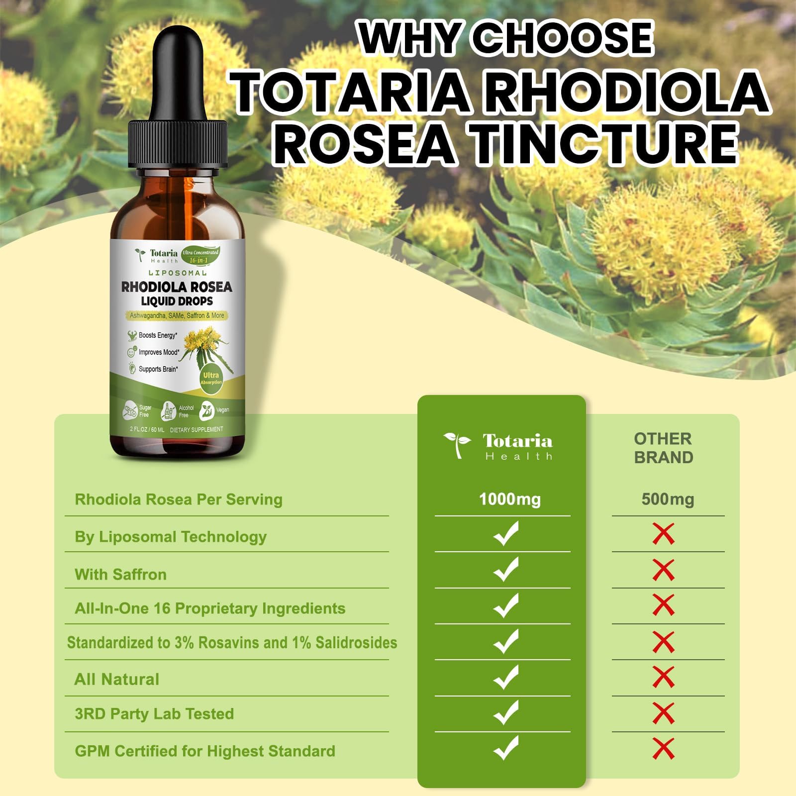 Totaria 16-in-1 Liposomal Rhodiola Rosea Supplement Tincture 1000mg, Ultra Strength Rhodiola 10:1 Root Extract w/Ashwagandha, Rhodiola Liquid Drops for Natural Relaxation, Mood, Energy, Alcohol-Free