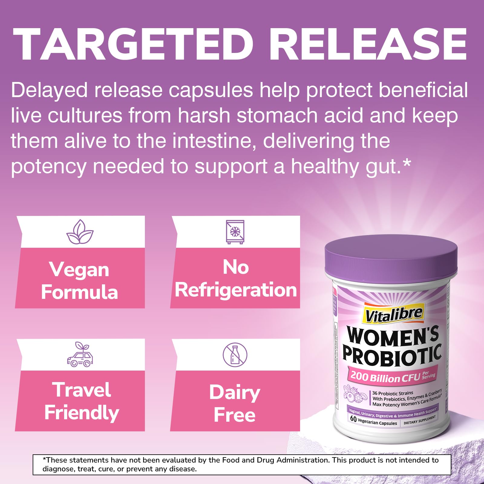Vitalibre Probiotics for Women 30 Strains, 100B CFUs Vaginal Probiotics | with Digestive Enzymes, Prebiotics & Cranberry for Urinary Tract Health, pH Balance, 30 Veggie Capsules