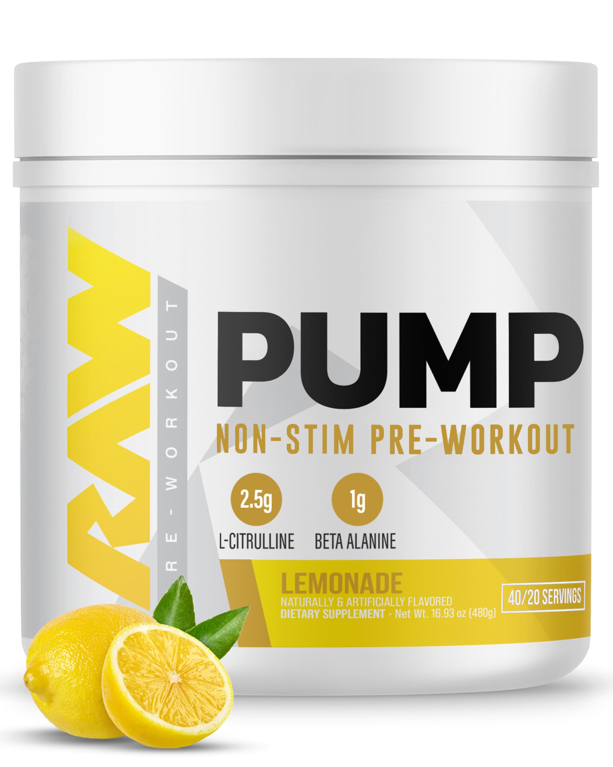 RAW Pump Stim Free Pre Workout (Watermelon) - Non-Stimulant Pre Workout Supplement Powder Nitric Oxide Booster - Pre Workout Supplements Drink for During Workout - 40 Servings