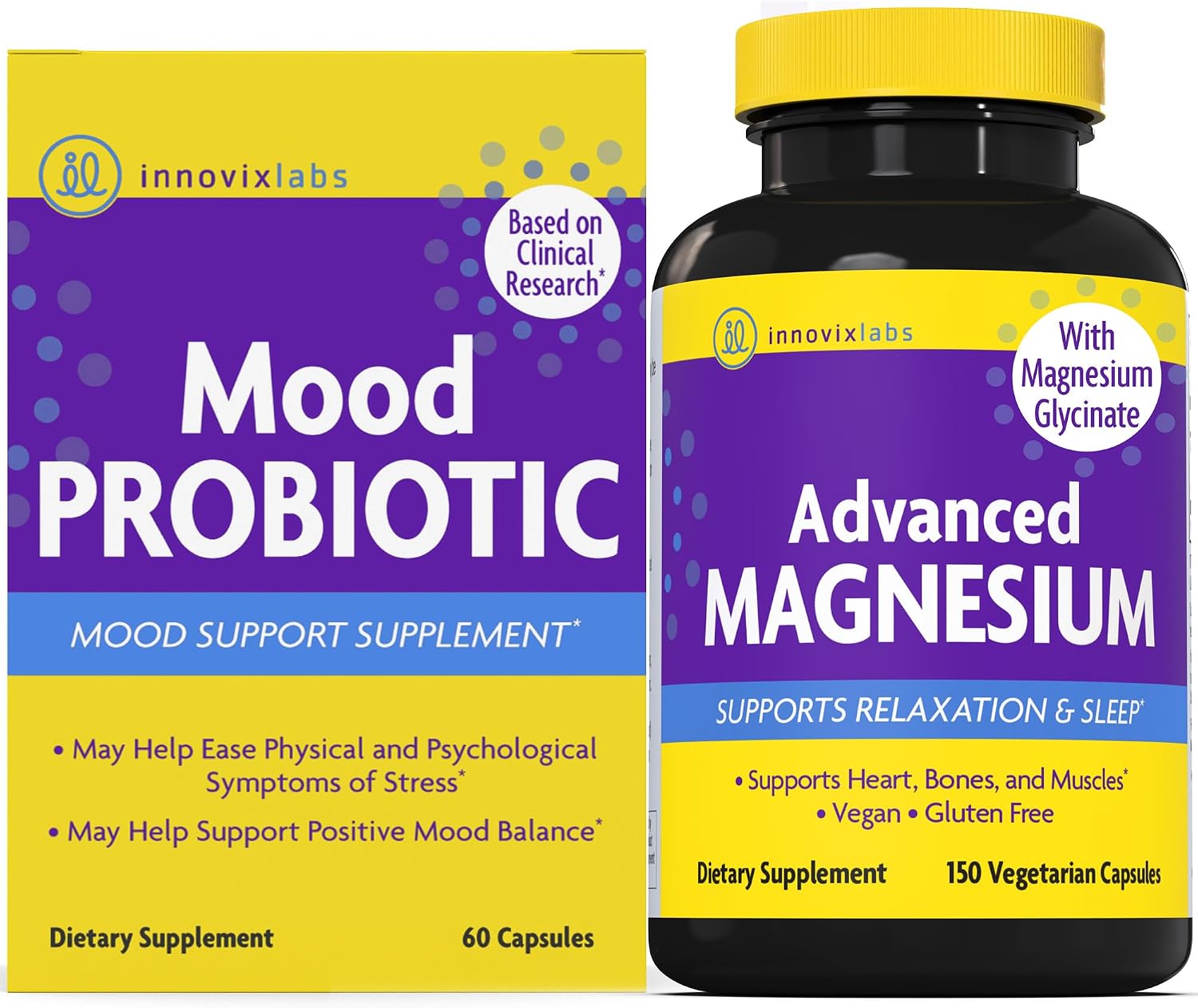 Magnesium & Mood Bundle: InnovixLabs Advanced Magnesium (150 Time-Release Capsules) and InnovixLabs Mood Probiotic (60 Capsules). Helps Promotes Relaxation and Healthy Mood. *