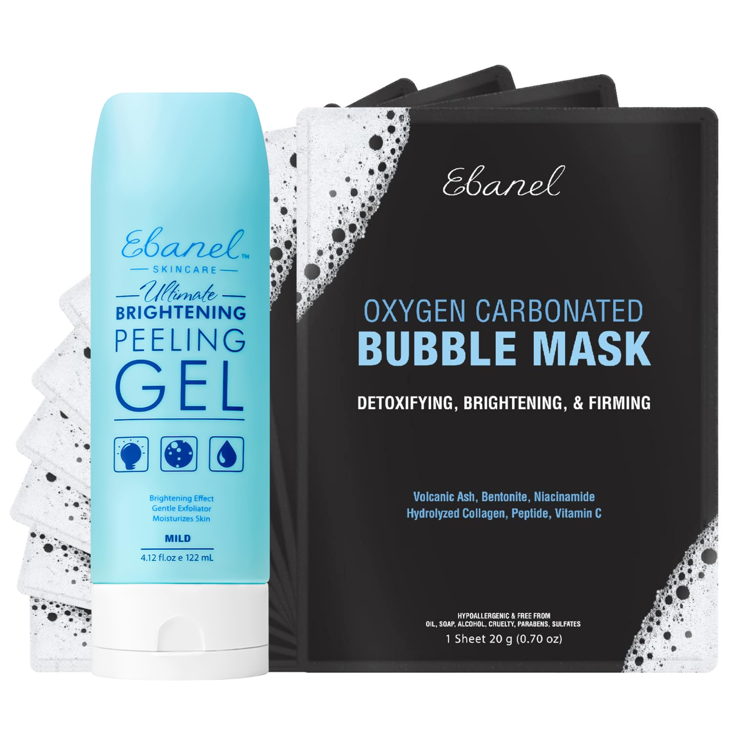 Ebanel Bundle of 10 Pack Bubble Clay Masks, and Exfoliating Face Scrub Peeling Gel Mild 4.12 Oz