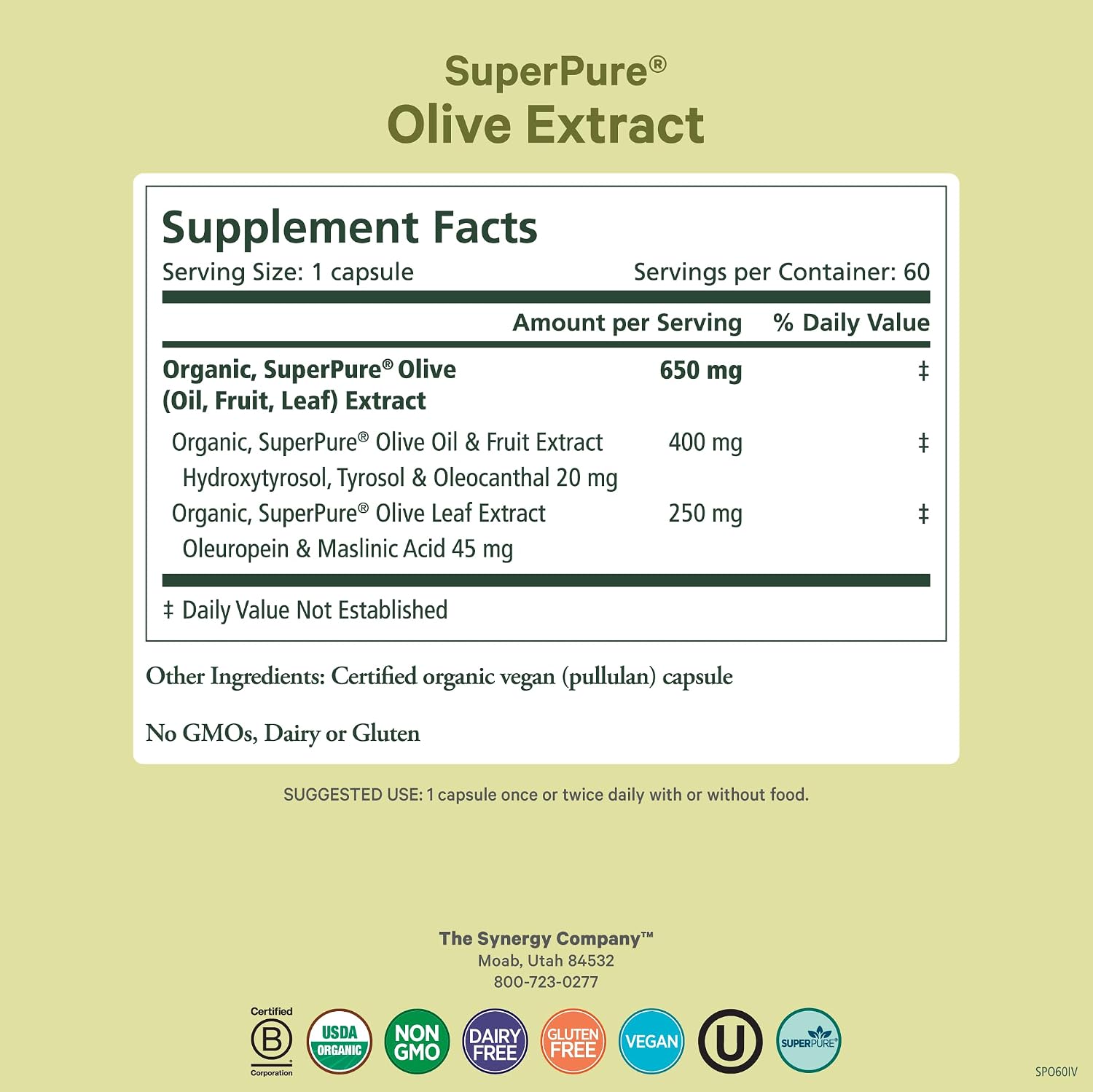 PURE SYNERGY SuperPure Olive Extract | Organic Olive Leaf, Oil, and Fruit Supplement with Polyphenols | for Heart, Brain, and Immune Health (60 Capsules)