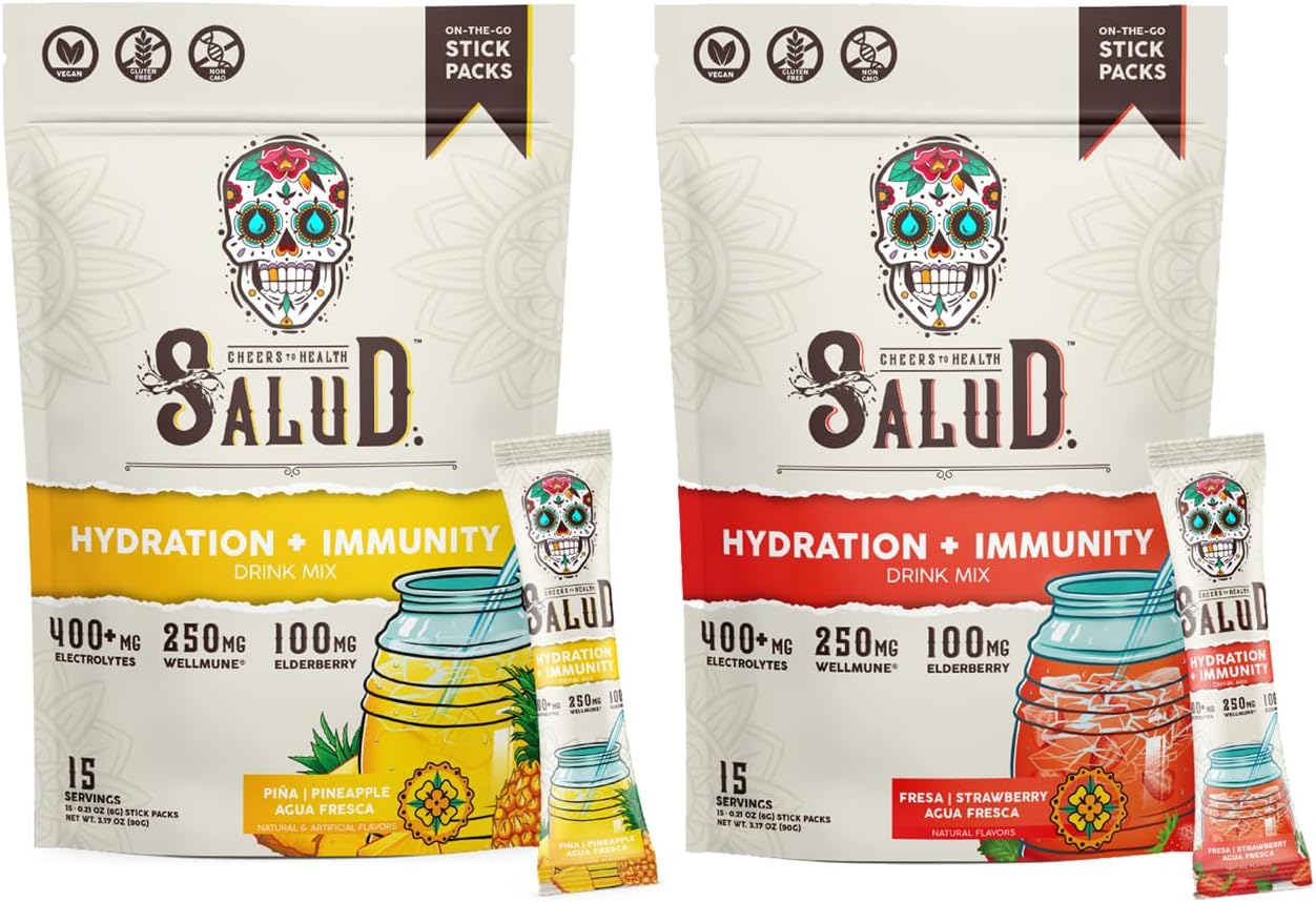 Salud 2-Pack | 2-in-1 Hydration + Immunity (Pineapple) & Hydration + Immunity (Strawberry) – 15 Servings Each, Agua Fresca Drink Mix, Non-GMO, Gluten Free, Vegan, Low Calorie, 1g of Sugar
