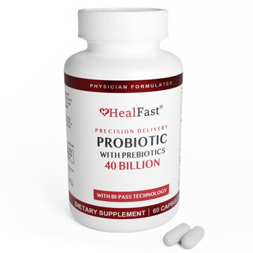 HealFast probiotic supplement bottle with white background