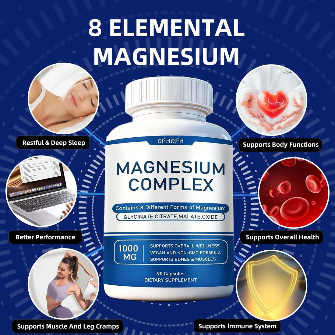 Bottle of magnesium complex supplement with health benefits on a white background