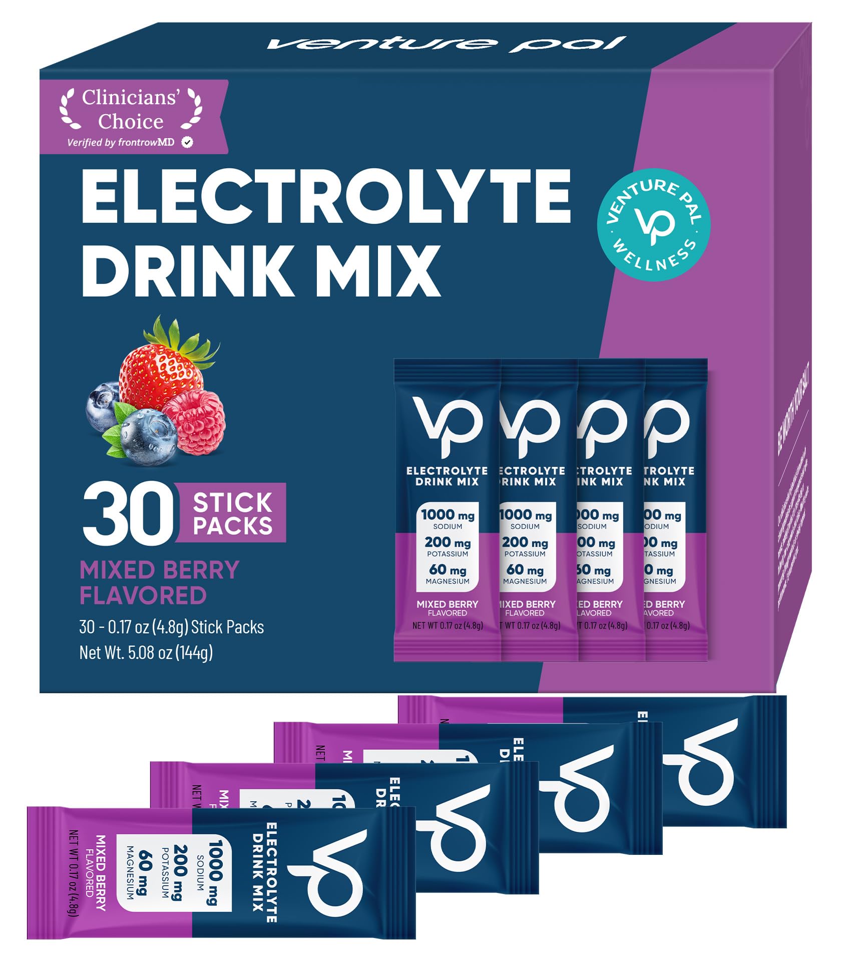 Venture Pal High Sodium Sugar-Free Electrolytes Powder Packets, 16 Sticks | Hydration Packets with Sodium, Potassium & Magnesium, Zero Calories, Keto, Vegan, and Paleo Friendly