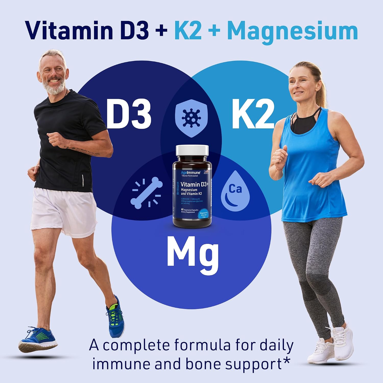 AgeImmune Brilliant D3+ Complex - 60 Capsules - 5000 IU Vitamin D3 + K2 + Magnesium Glycinate Supplement - Doctor Formulated for Immune & Bone Support - No Stearates, No Dioxides