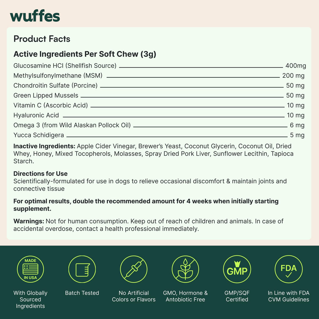 Wuffes Advanced Dog Hip and Joint Supplement with Glucosamine, Chondroitin, Omega 3, MSM, and Green Lipped Mussel, 60 Pork Flavored Chews for Small and Medium Dog Breeds WuffesBuy Supplements Australia