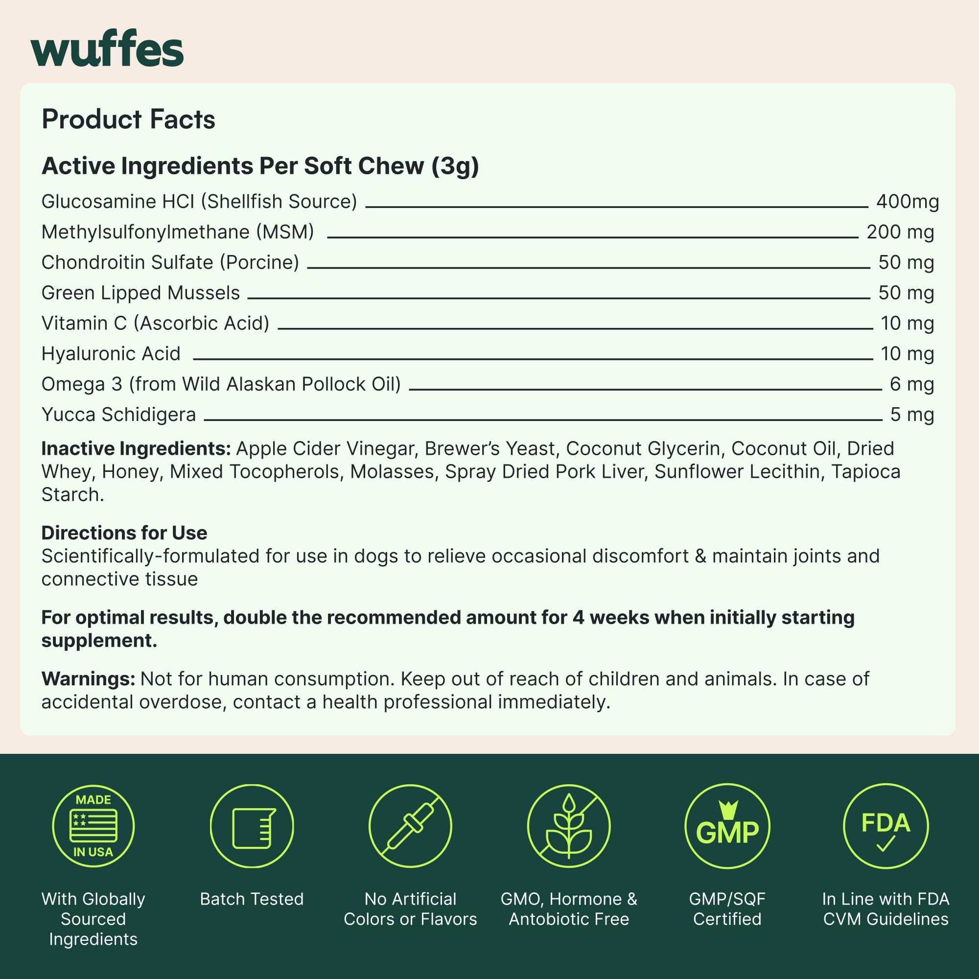 Wuffes Advanced Dog Hip and Joint Supplement with Glucosamine, Chondroitin, Omega 3, MSM, and Green Lipped Mussel, 60 Pork Flavored Chews for Small and Medium Dog Breeds WuffesBuy Supplements Australia