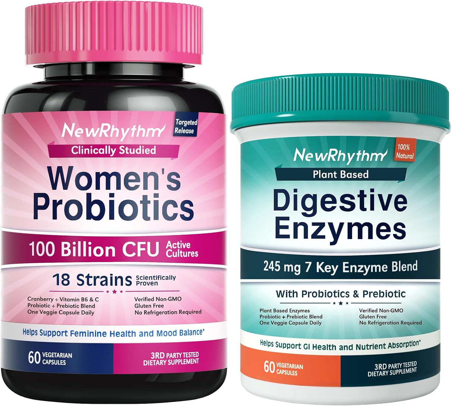 NewRhythm Digestion & Feminine Health Bundle, Probiotics, Prebiotics, Digestive Enzymes, Cranberry, Vitamin C & B6, Bundle & Save, 60 Capsules Each