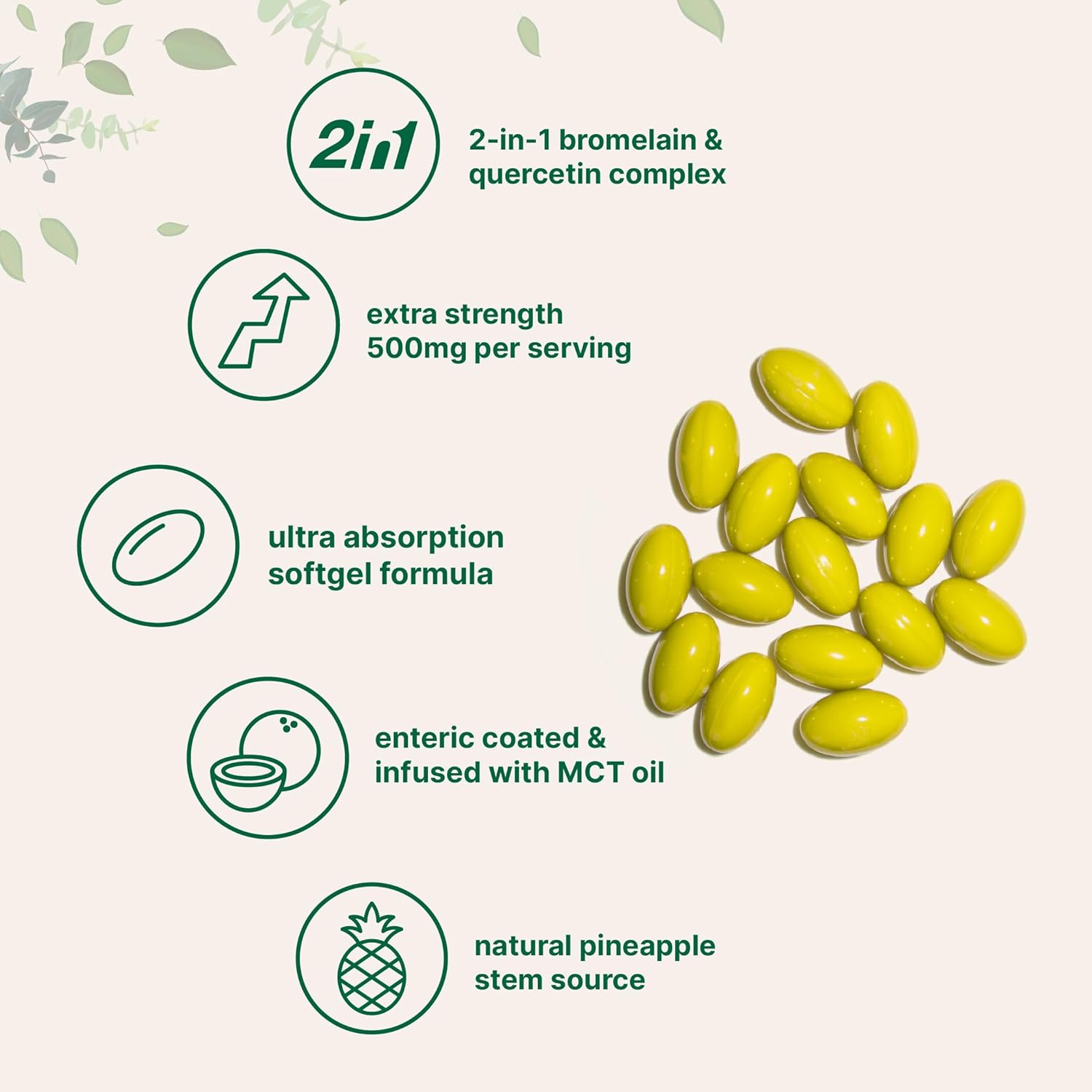 Bromelain 500mg with Quercetin & MCT Oil, 240 Enteric Coated Softgels | Ultra Absorption Bromelain Supplement | Natural Digestive Enzymes for Digestion & Joint Health | Non-GMO, Gluten Free