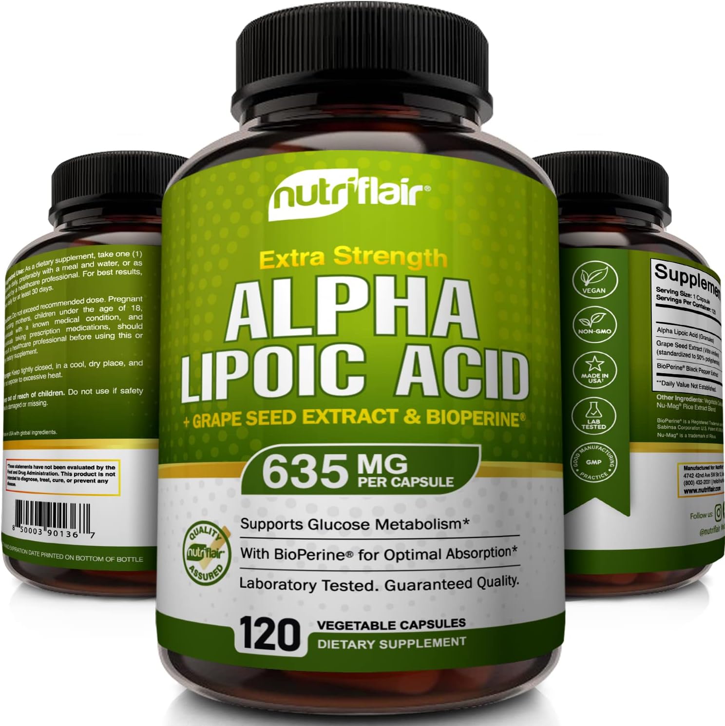 NutriFlair Alpha Lipoic Acid 600mg - with Grape Seed & BioPerine, 120 Caps