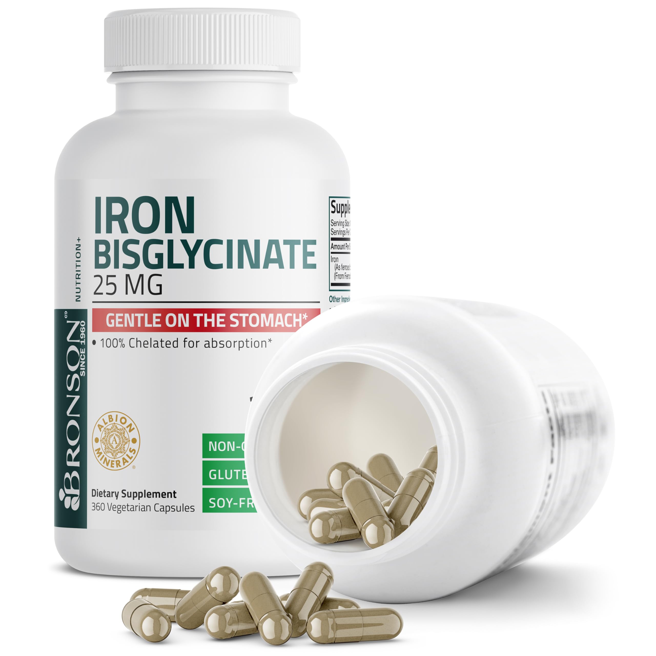 Bronson Iron Bisglycinate 25 mg Gentle on The Stomach, Supports Energy & Healthy Red Blood Cell Production - Non-Constipating Formula - Non GMO, 90 Vegetarian Capsules