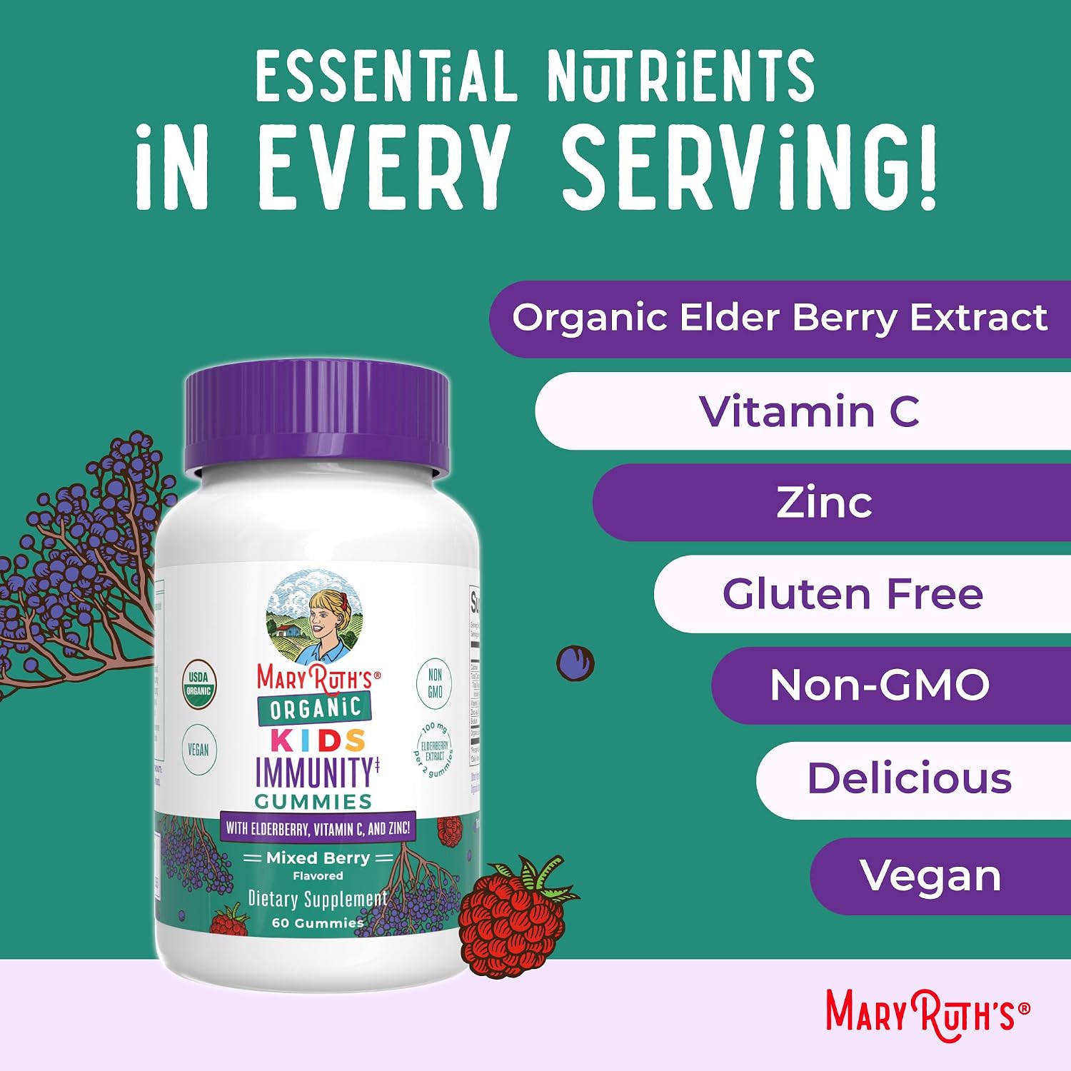 MARYRUTH'S Organics Kids Immune Support Gummies | USDA Organic | Vitamin C, Zinc, and Elderberry Gummies for Kids| Immune Support for Ages 4+ | Vegan | Non-GMO | Gluten Free | 60 Count
