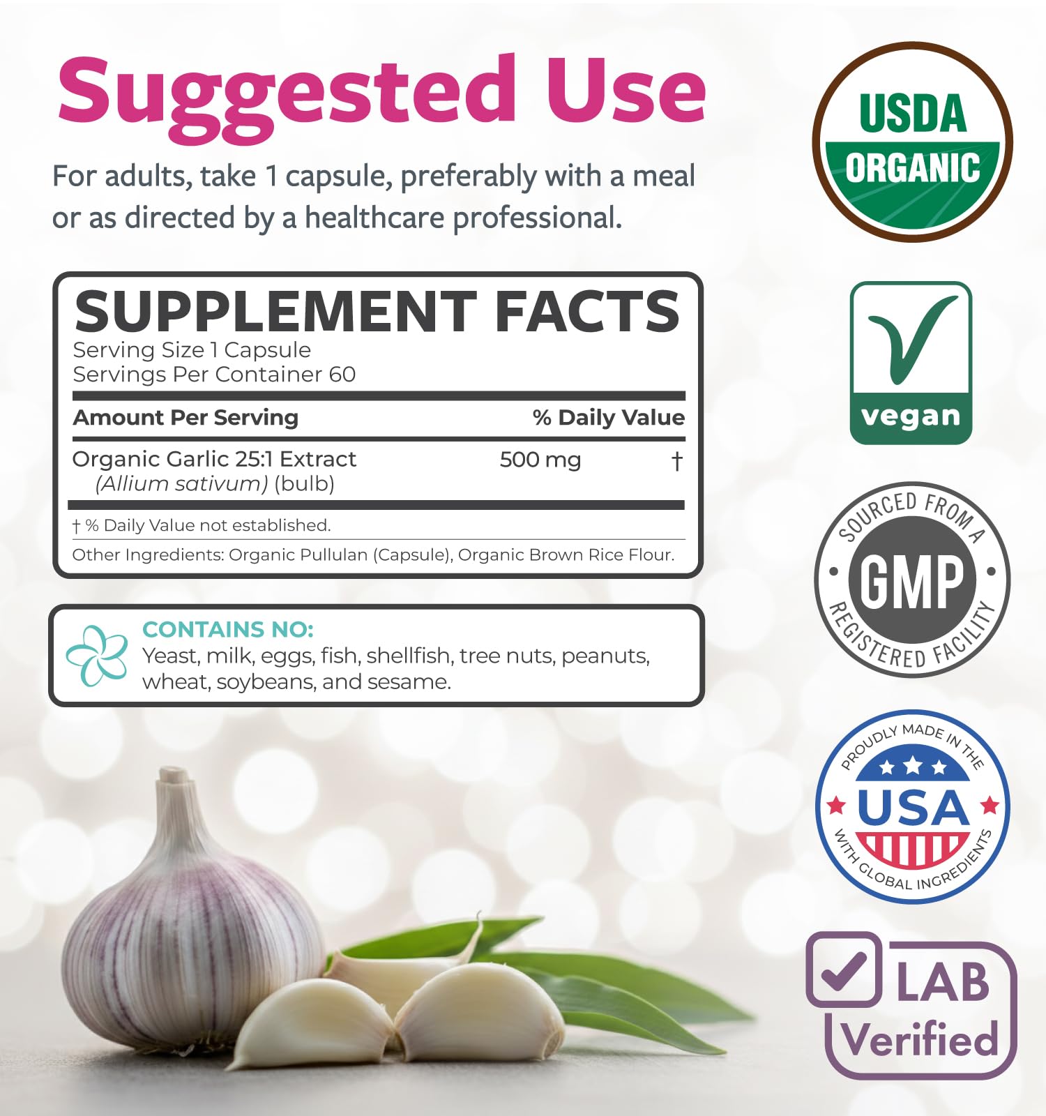 PURE CO USDA Organic Garlic Supplement - High Potency 25:1 Garlic Extract with 12,500mg Herbal Equivalent Strength for Immune & Heart Support - Odorless Vegan & Non-GMO (4 Month Supply)
