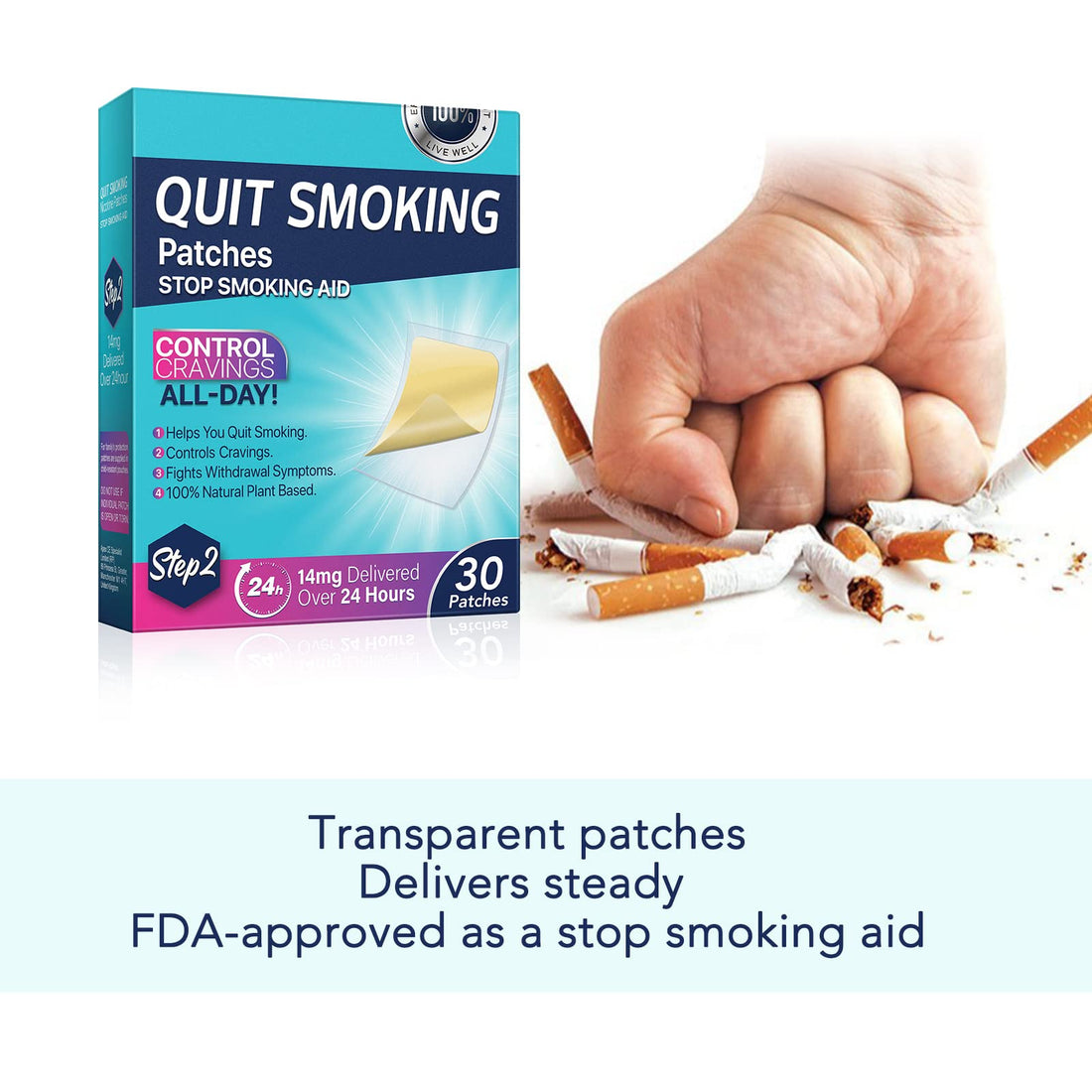 Quit smoking patches packaging with a close-up of a patch on a white background