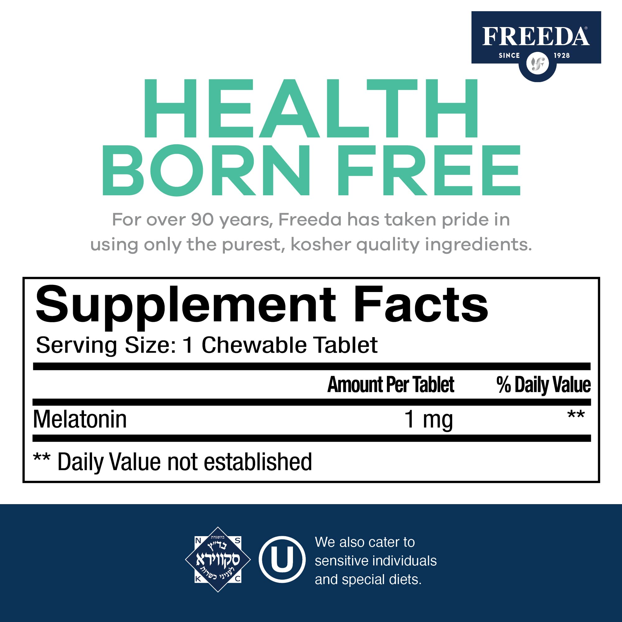 FREEDA Melatonin 1mg - Natural Fruit Flavor - 90 Chewable Tablets | Sugar-Free Melatonin Tablets - Non-Habit Forming - Vegan, Gluten-Free, Kosher, Safe for Adults and Kids 3+ - Made in USA