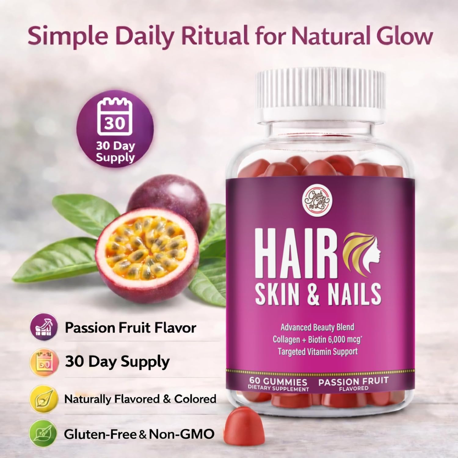Grab The Gold Hair Skin & Nails Gummies Biotin Collagen Passion Fruit
