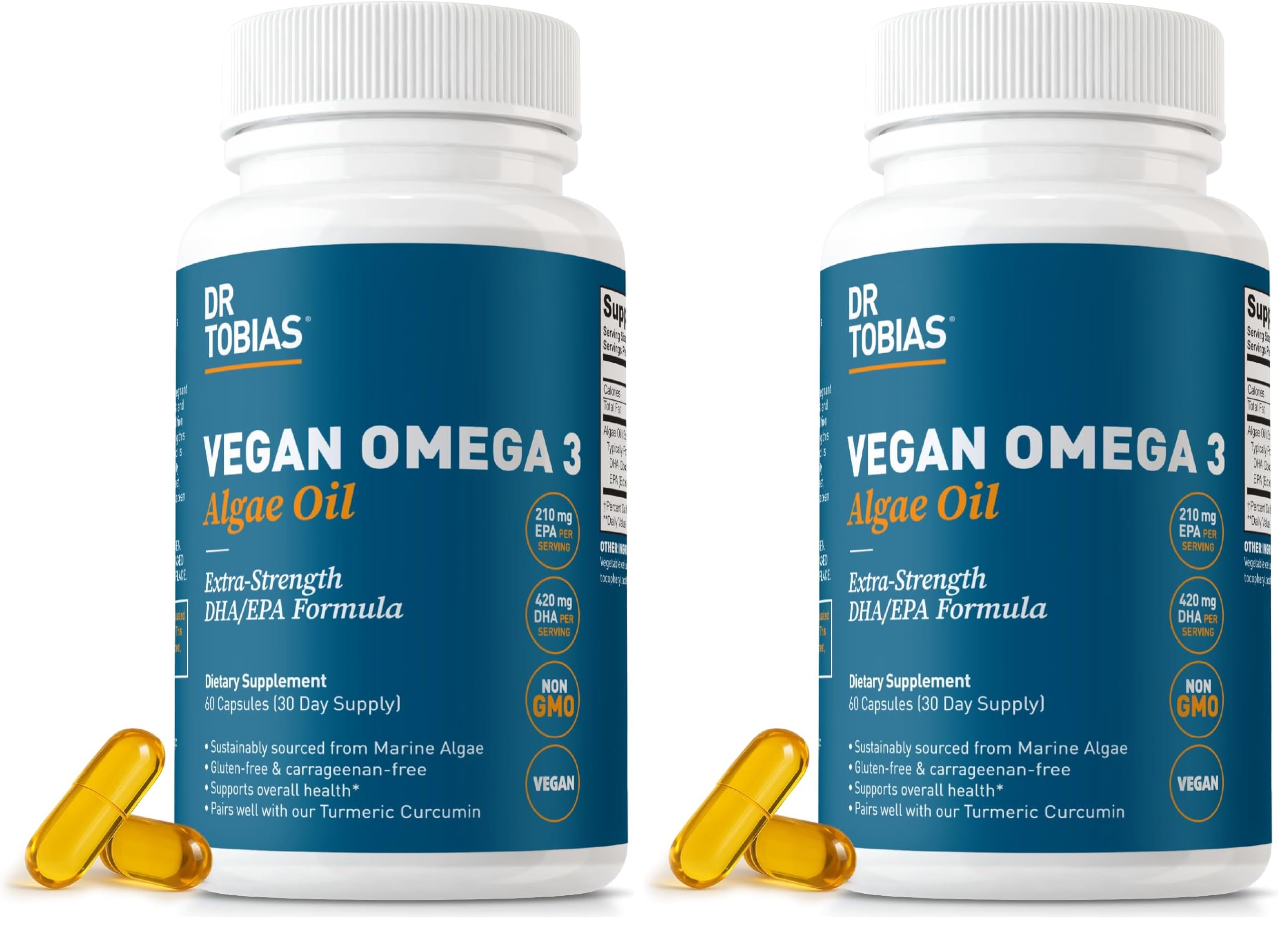 Dr. Tobias Vegan Omega 3 Algae Oil 60 Capsules | Extra-Strength DHA EPA | Plant-Based Omega 3 Supplement | Heart & Brain Support | 420 mg DHA + 210 mg EPA | Lemon Flavor | 30 Servings