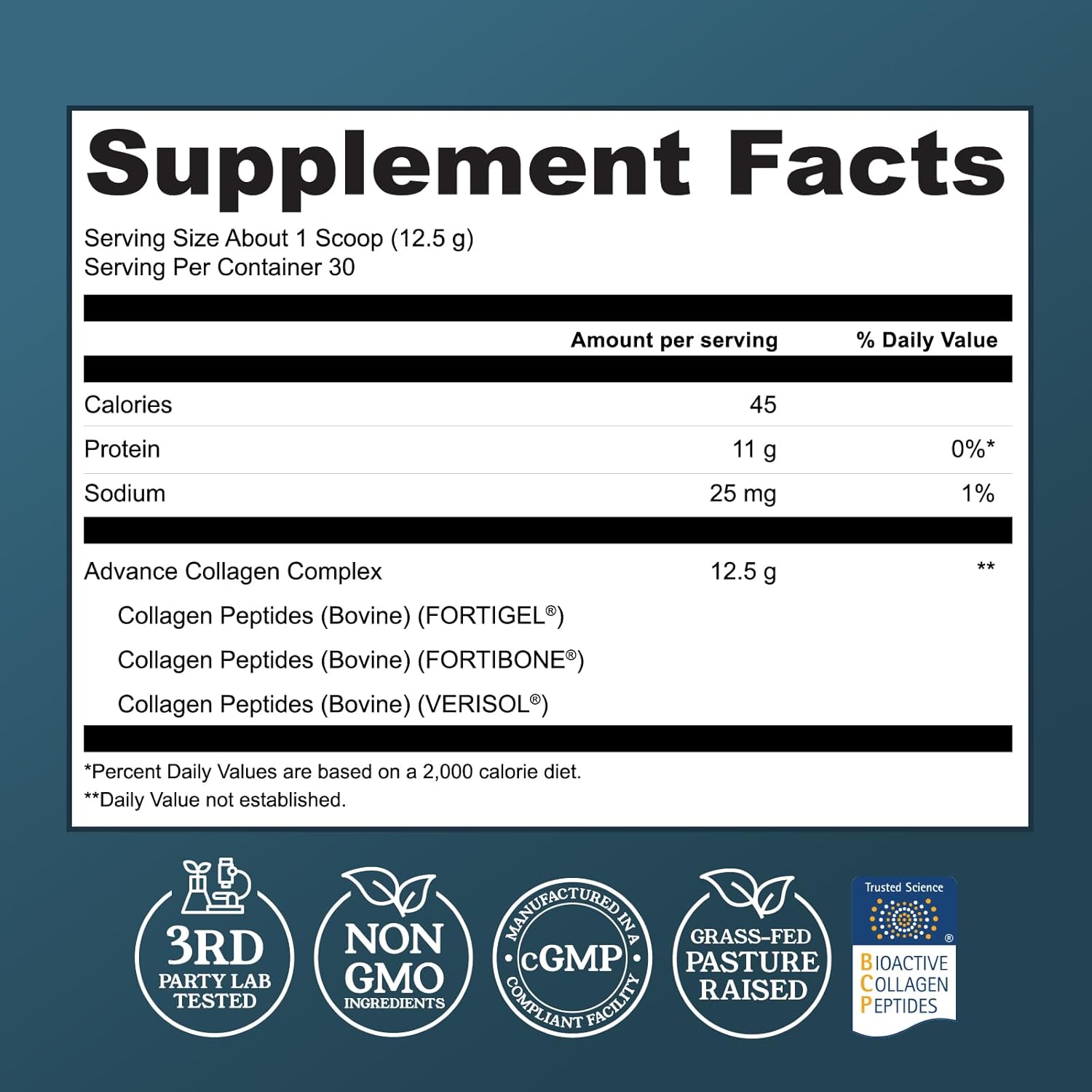 Advanced Collagen Complex Powder – VERISOL®, FORTIBONE®, & FORTIGEL® for Hair, Skin, Bone & Joint Support – Clinically Studied Ingredients – Grass-Fed Hydrolyzed Collagen Peptides – 30 Servings