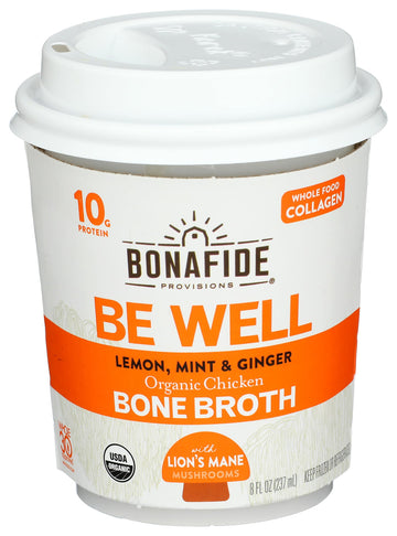 Bonafide Provisions Fresh Organic Be Well Broth with Lemon, Mint & Ginger Organic Chicken Bone Broth, Frozen 8 fl oz - Gluten-Free, Grain-Free, Paleo and Keto Friendly Bonafide Provisions buy supplements Au