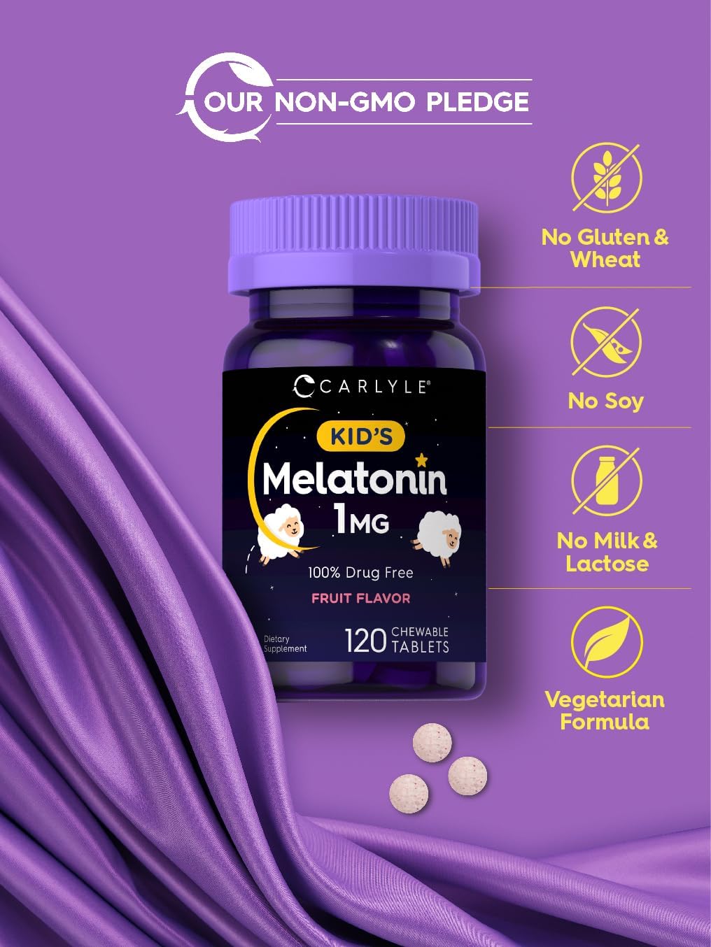 Carlyle Kids Melatonin 1mg | 120 Chewable Tablets | Fruit Flavor | Vegetarian Supplement | Non-GMO, Gluten Free Formula