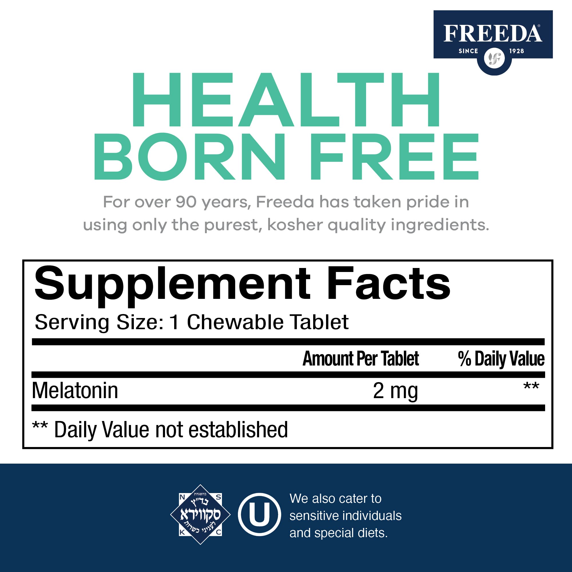 FREEDA Melatonin 2mg Sugar-Free Chewable for Sleep Support – 60 Tablets | Supports Healthy Sleep Cycles – Fruit-Flavored Chewables for Kids & Adults – Non-GMO, Vegan, Kosher, & Gluten-Free