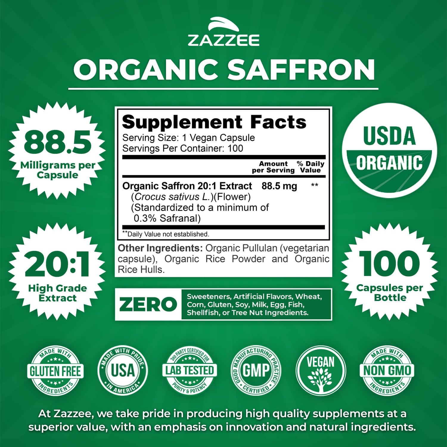 Zazzee USDA Organic Saffron 20:1 Extract, 88.5 mg, 0.3% Safranal, 100 Vegan Capsules, 3+ Month Supply, Concentrated and Standardized 20X Extract, Non-GMO, All-Natural, Made in the USA
