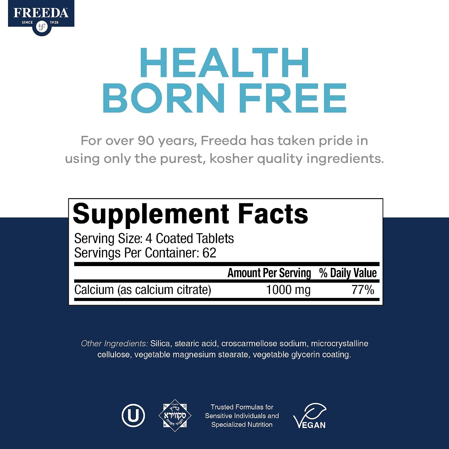 FREEDA Calcium Citrate 1000mg Supplement for Bone Support – 250 Tablets | Supports Bone Strength, Teeth, & Muscle Function – Highly Absorbable Calcium Formula – No Vit D, Vegan, Kosher, Made in USA