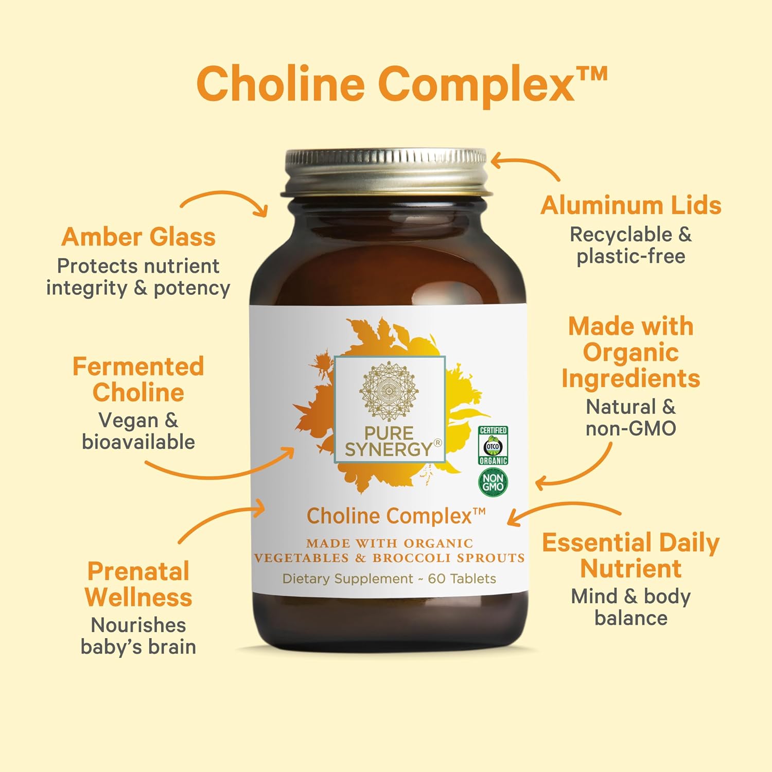 PURE SYNERGY Choline Complex | Vegan Choline Supplement Made with Organic Whole Foods | Non-GMO Bioavailable Complex | for Pregnancy, Brain, and Liver Health (60 Tablets)